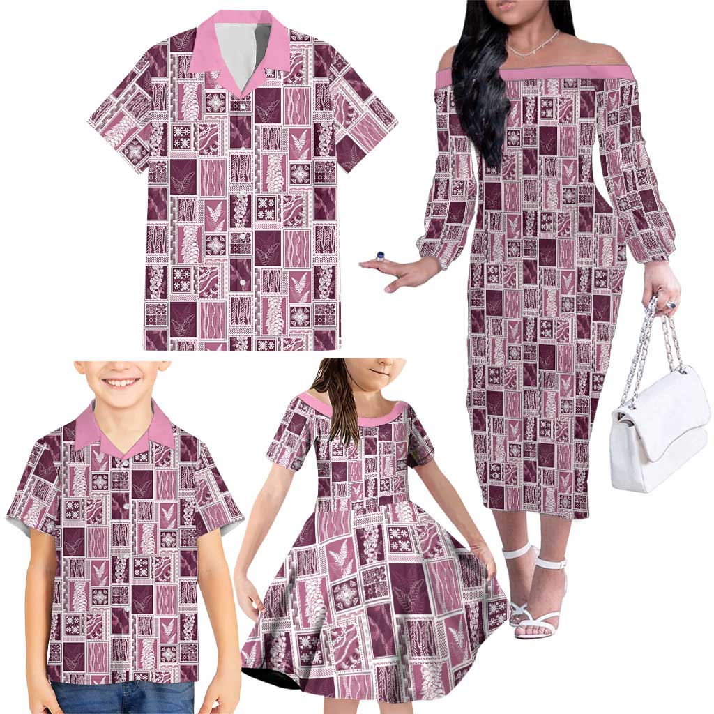 Vintage Aloha Block Quilt Family Matching Off The Shoulder Long Sleeve Dress and Hawaiian Shirt Pink Inspired Lei Motifs LT9 - Polynesian Pride