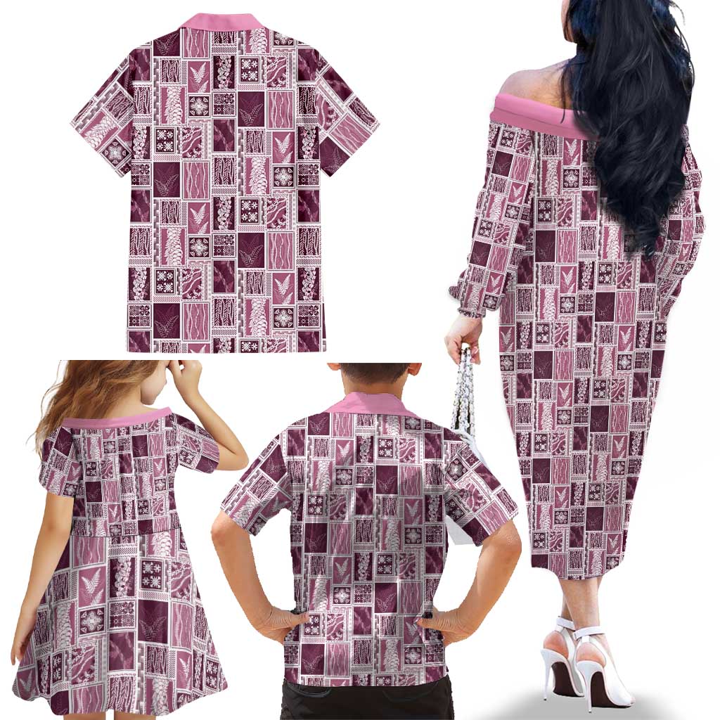 Vintage Aloha Block Quilt Family Matching Off The Shoulder Long Sleeve Dress and Hawaiian Shirt Pink Inspired Lei Motifs LT9 - Polynesian Pride