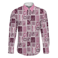 Vintage Aloha Block Quilt Family Matching Off The Shoulder Long Sleeve Dress and Hawaiian Shirt Pink Inspired Lei Motifs LT9 Dad's Shirt - Long Sleeve Pink - Polynesian Pride