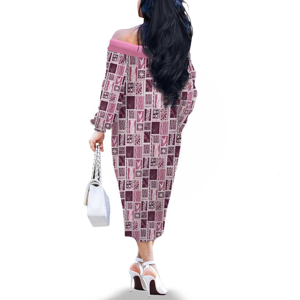 Vintage Aloha Block Quilt Family Matching Off The Shoulder Long Sleeve Dress and Hawaiian Shirt Pink Inspired Lei Motifs LT9 - Polynesian Pride