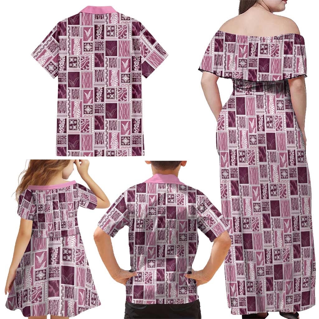 Vintage Aloha Block Quilt Family Matching Off Shoulder Maxi Dress and Hawaiian Shirt Pink Inspired Lei Motifs LT9 - Polynesian Pride