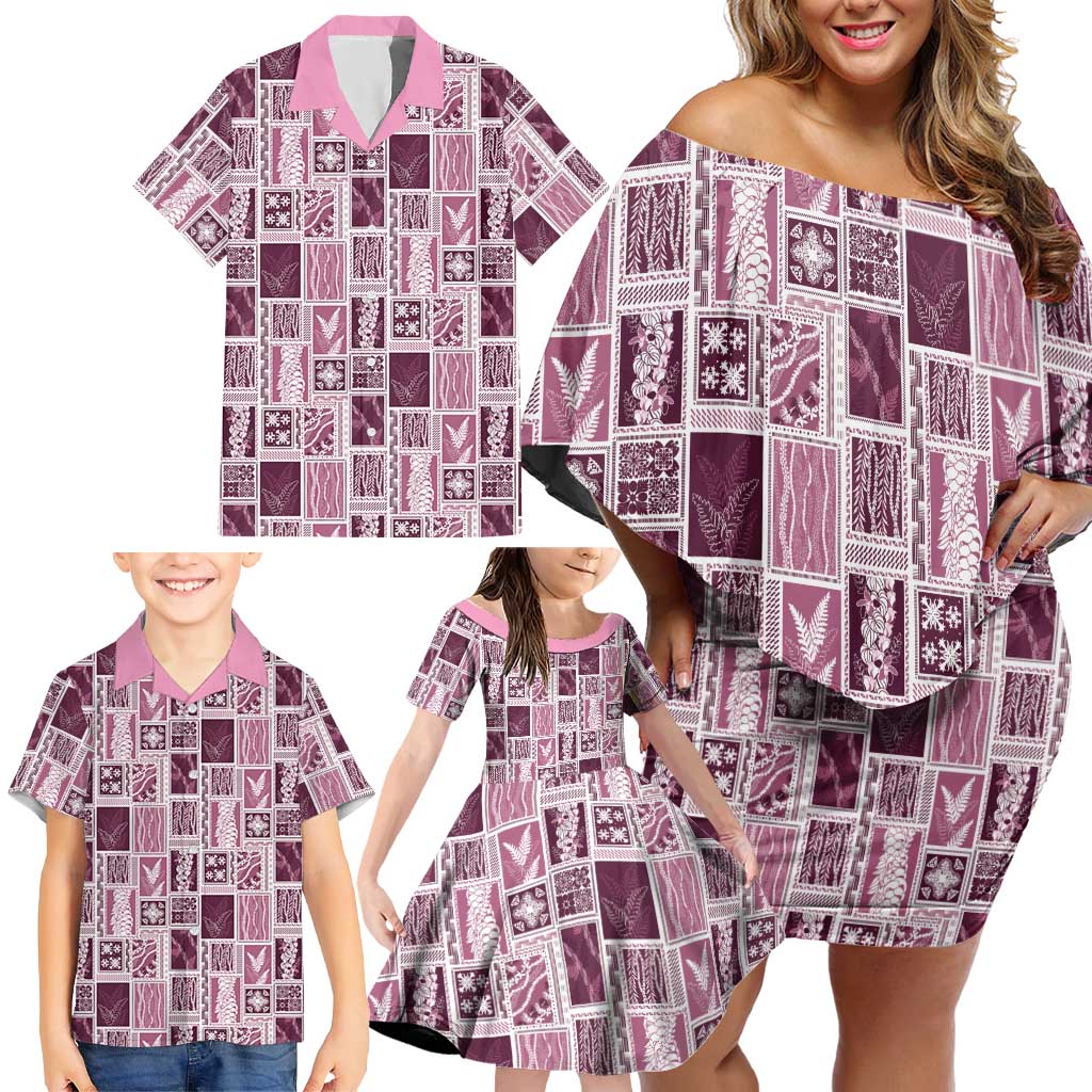 Vintage Aloha Block Quilt Family Matching Off Shoulder Short Dress and Hawaiian Shirt Pink Inspired Lei Motifs - Polynesian Pride