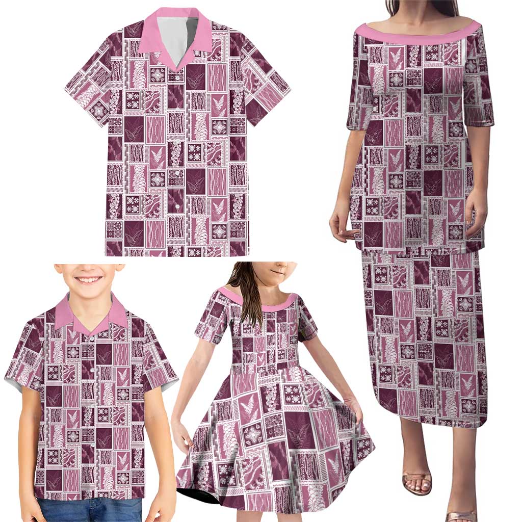 Vintage Aloha Block Quilt Family Matching Puletasi and Hawaiian Shirt Pink Inspired Lei Motifs LT9 - Polynesian Pride