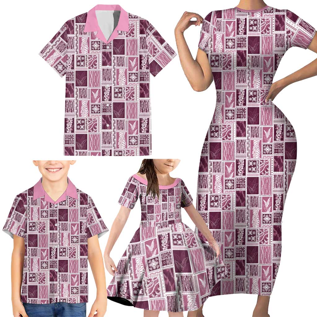 Vintage Aloha Block Quilt Family Matching Short Sleeve Bodycon Dress and Hawaiian Shirt Pink Inspired Lei Motifs LT9 - Polynesian Pride