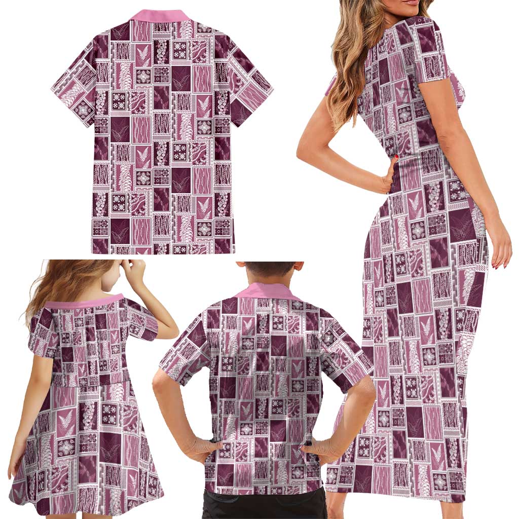 Vintage Aloha Block Quilt Family Matching Short Sleeve Bodycon Dress and Hawaiian Shirt Pink Inspired Lei Motifs LT9 - Polynesian Pride