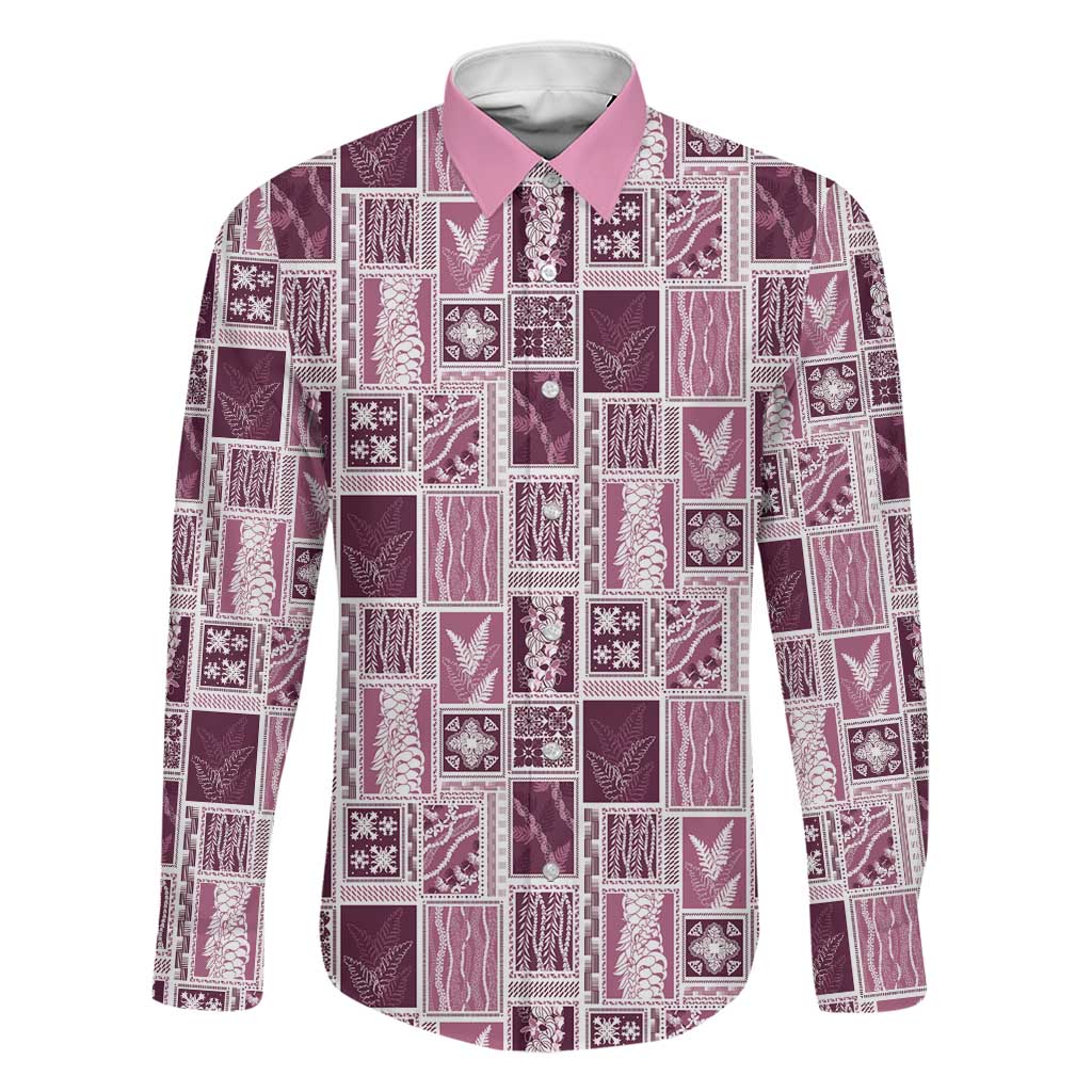 Vintage Aloha Block Quilt Family Matching Short Sleeve Bodycon Dress and Hawaiian Shirt Pink Inspired Lei Motifs LT9 Dad's Shirt - Long Sleeve Pink - Polynesian Pride