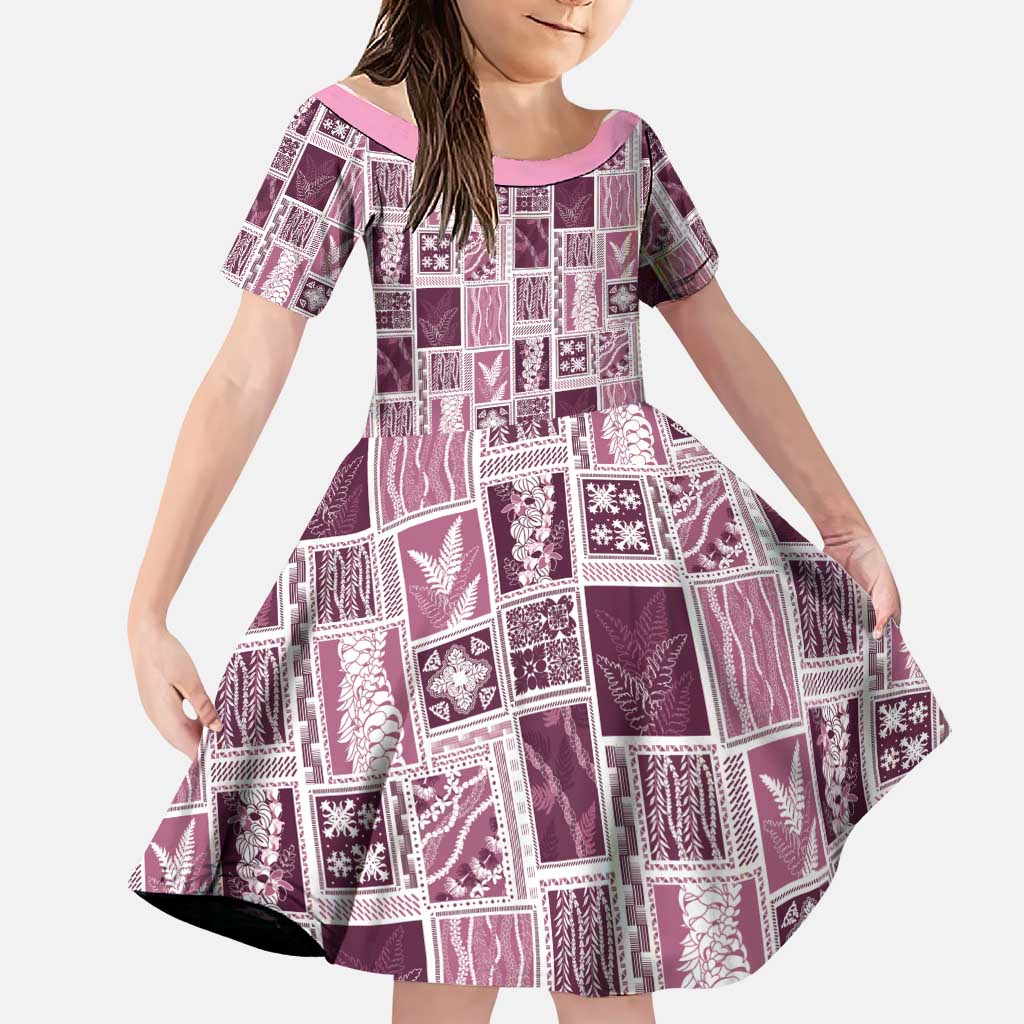 Vintage Aloha Block Quilt Family Matching Summer Maxi Dress and Hawaiian Shirt Pink Inspired Lei Motifs LT9 Daughter's Dress Pink - Polynesian Pride