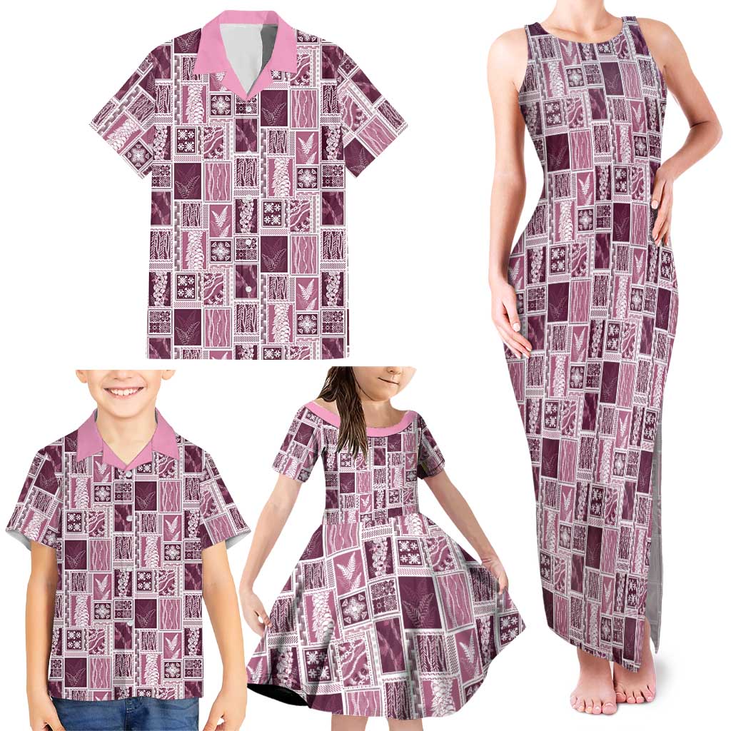 Vintage Aloha Block Quilt Family Matching Tank Maxi Dress and Hawaiian Shirt Pink Inspired Lei Motifs - Polynesian Pride