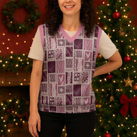 Vintage Aloha Block Quilt Christmas Knitted V-Neck Vest Pink Inspired Lei Motifs LT9 - Polynesian Pride