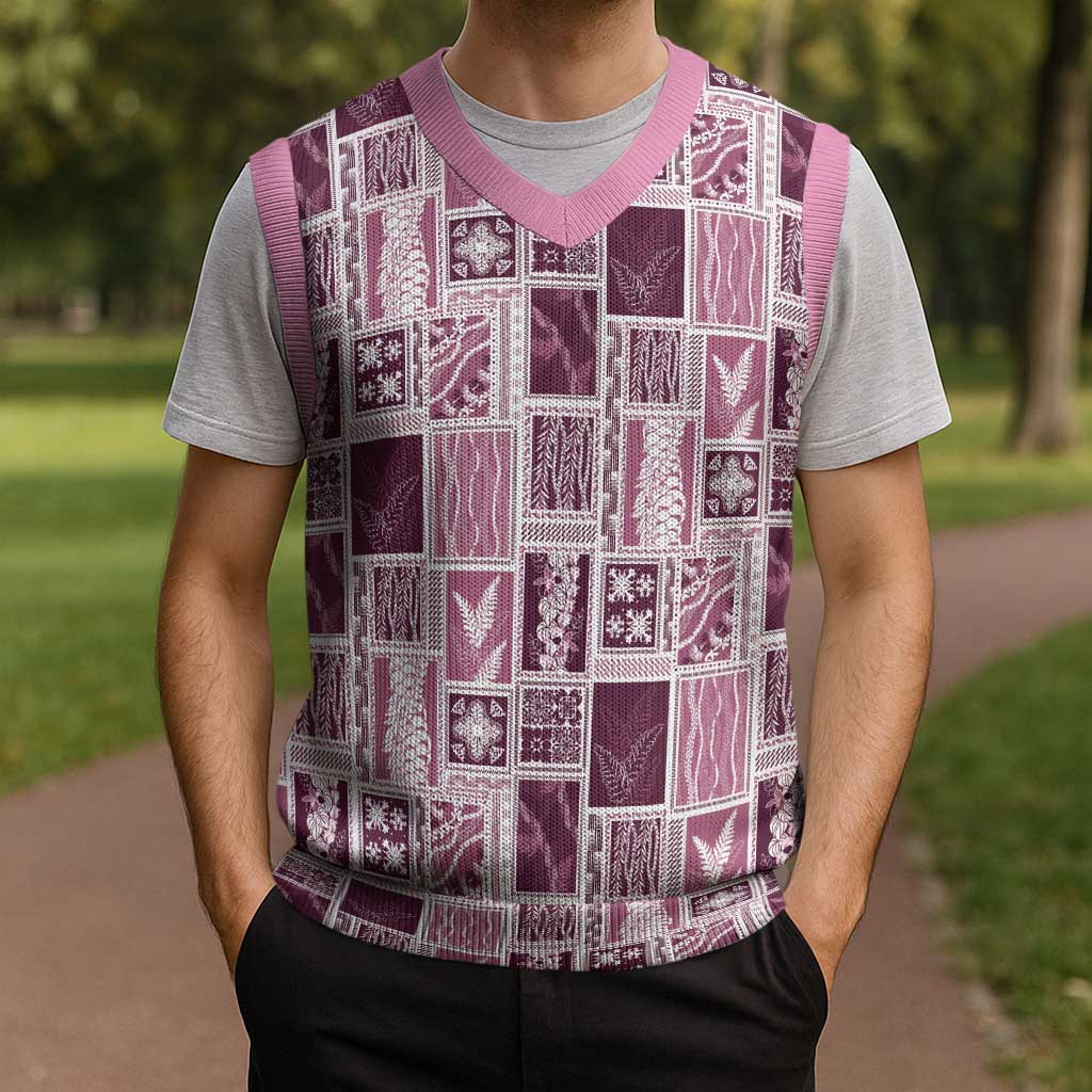 Vintage Aloha Block Quilt Christmas Knitted V-Neck Vest Pink Inspired Lei Motifs LT9 - Polynesian Pride