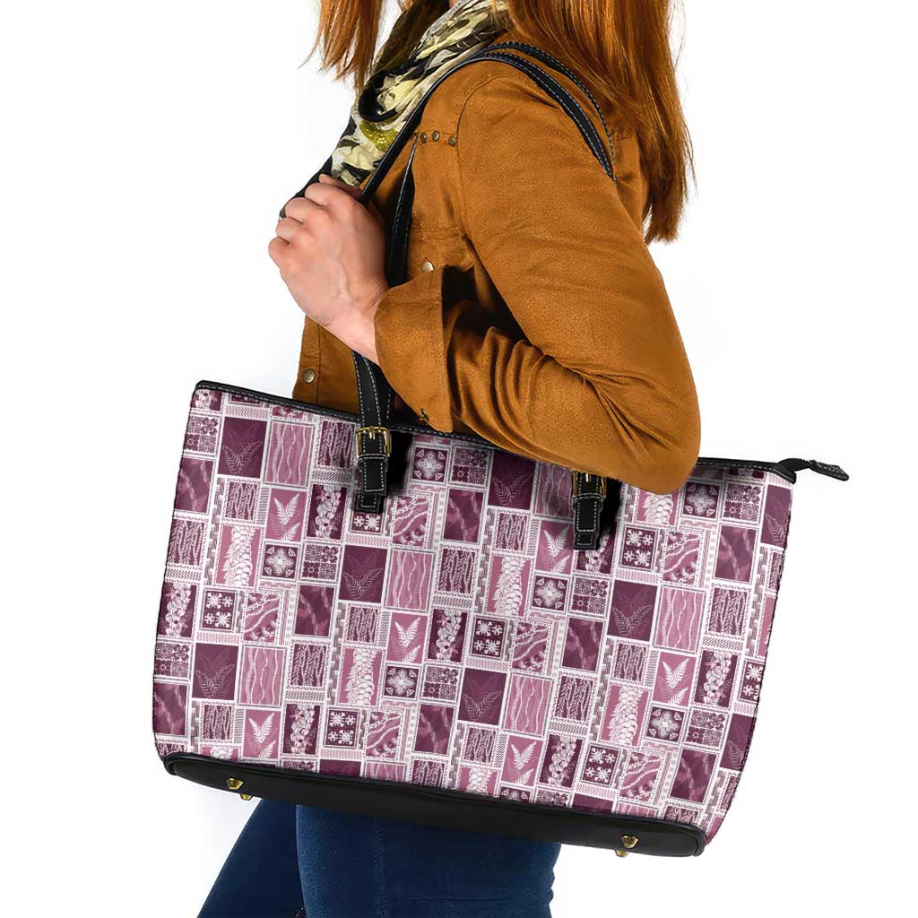 Vintage Aloha Block Quilt Leather Tote Bag Pink Inspired Lei Motifs LT9 Pink - Polynesian Pride
