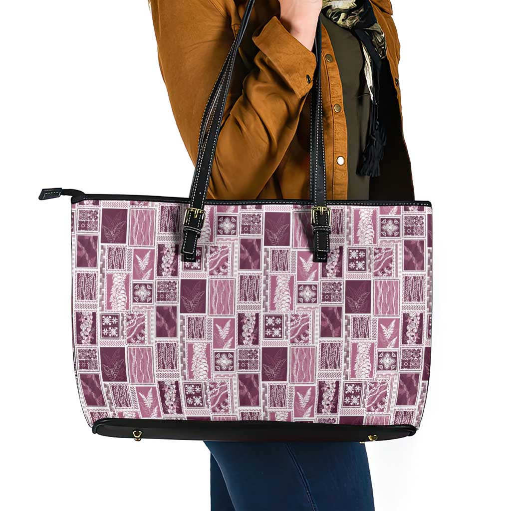 Vintage Aloha Block Quilt Leather Tote Bag Pink Inspired Lei Motifs LT9 - Polynesian Pride