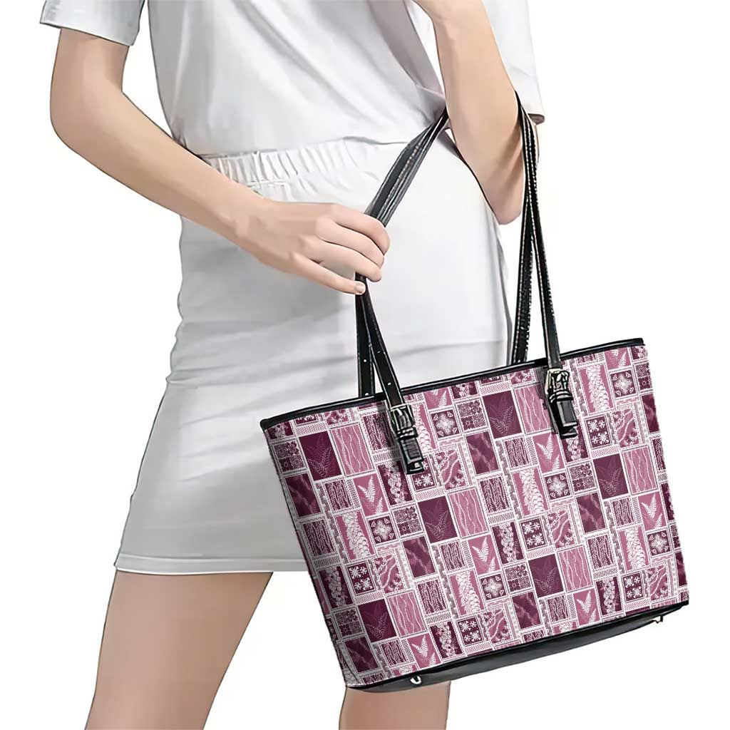 Vintage Aloha Block Quilt Leather Tote Bag Pink Inspired Lei Motifs LT9 - Polynesian Pride