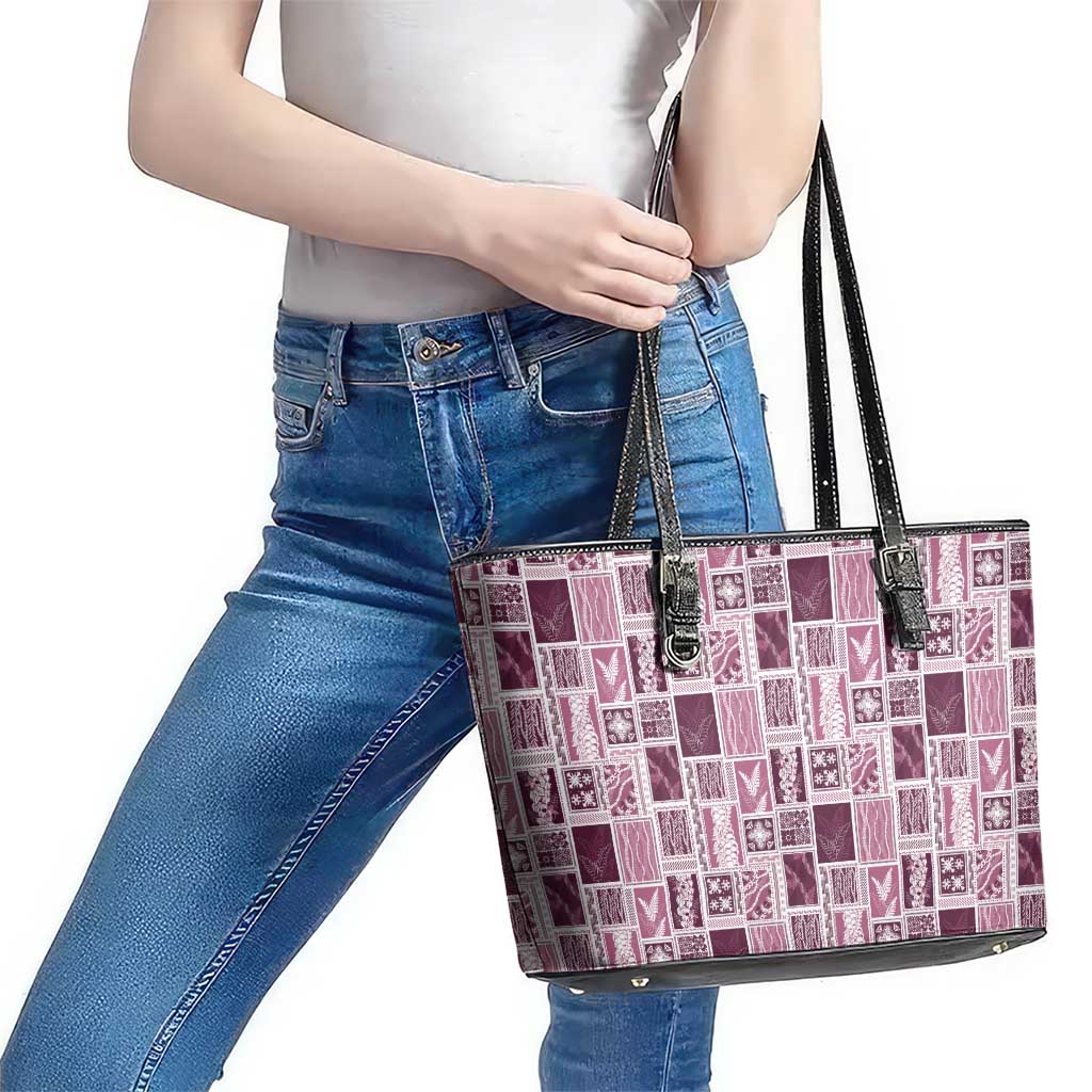 Vintage Aloha Block Quilt Leather Tote Bag Pink Inspired Lei Motifs LT9 - Polynesian Pride