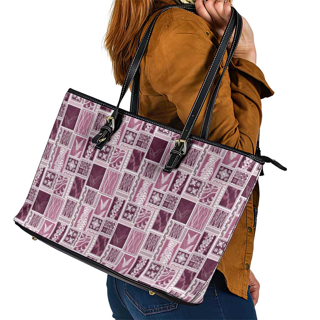 Vintage Aloha Block Quilt Leather Tote Bag Pink Inspired Lei Motifs LT9 - Polynesian Pride