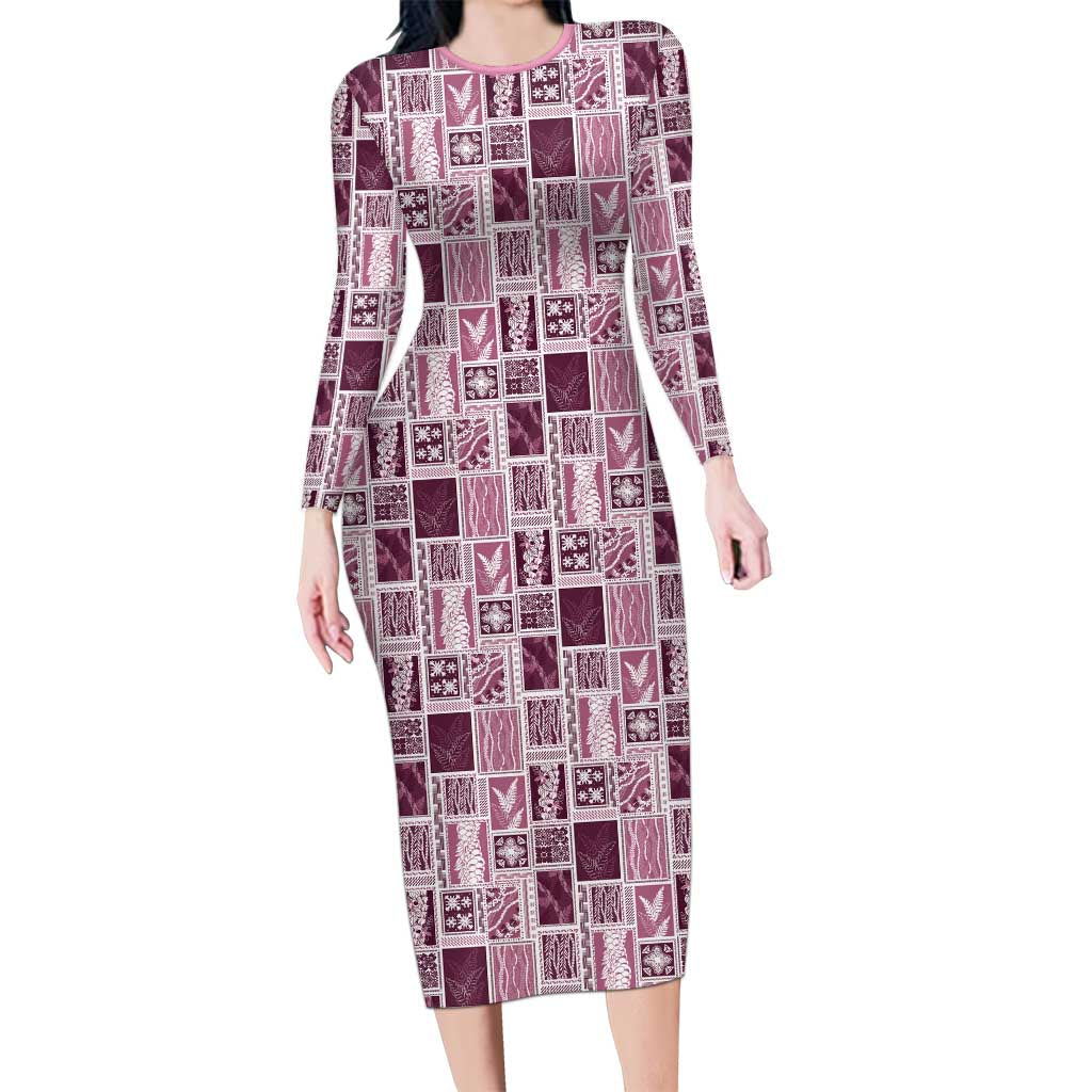 Vintage Aloha Block Quilt Long Sleeve Bodycon Dress Pink Inspired Lei Motifs LT9 Long Dress Pink - Polynesian Pride