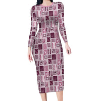 Vintage Aloha Block Quilt Long Sleeve Bodycon Dress Pink Inspired Lei Motifs LT9 Long Dress Pink - Polynesian Pride