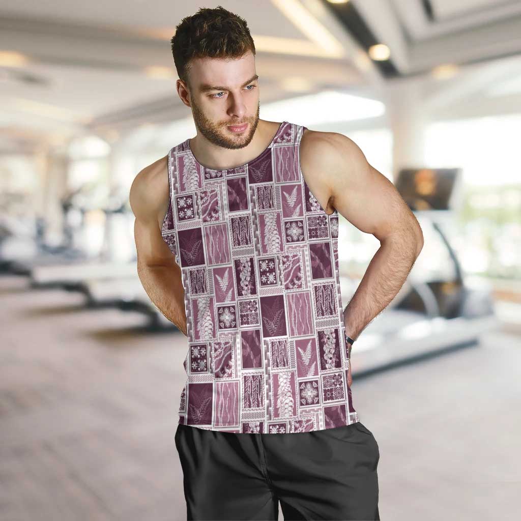 Vintage Aloha Block Quilt Men Tank Top Pink Inspired Lei Motifs - Polynesian Pride