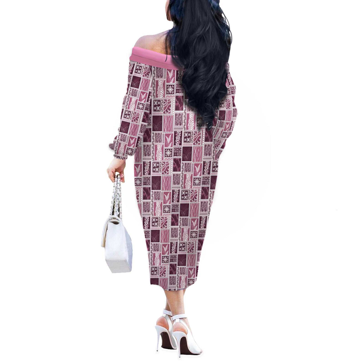 Vintage Aloha Block Quilt Off The Shoulder Long Sleeve Dress Pink Inspired Lei Motifs LT9 - Polynesian Pride