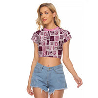 Vintage Aloha Block Quilt Raglan Cropped T Shirt Pink Inspired Lei Motifs - Polynesian Pride