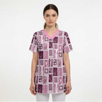 Vintage Aloha Block Quilt Scrub Top Pink Inspired Lei Motifs - Polynesian Pride