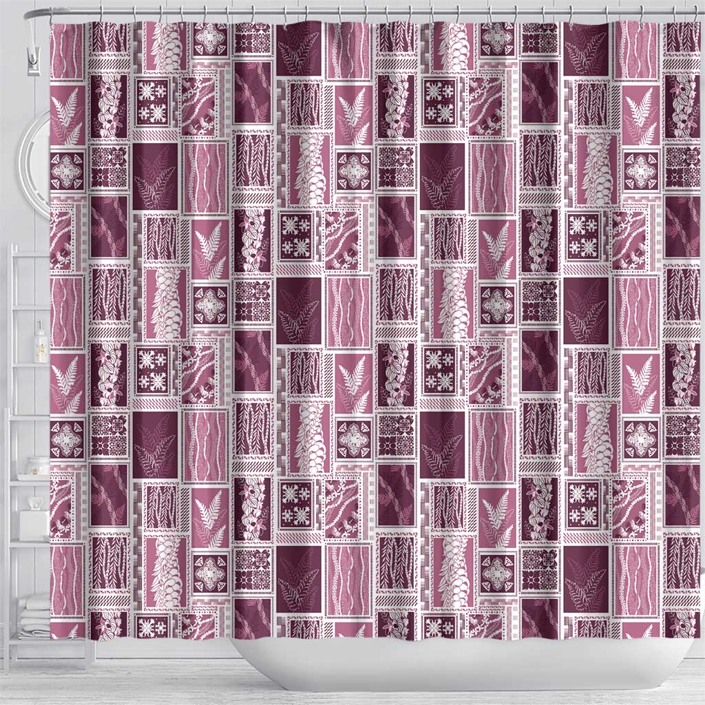 Vintage Aloha Block Quilt Shower Curtain Pink Inspired Lei Motifs - Polynesian Pride