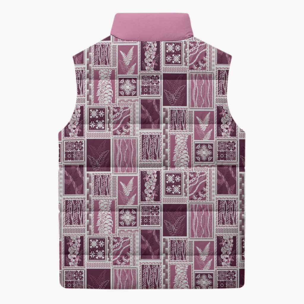 Vintage Aloha Block Quilt Sleeveless Puffer Jacket Pink Inspired Lei Motifs - Polynesian Pride