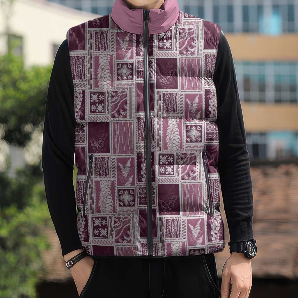 Vintage Aloha Block Quilt Sleeveless Puffer Jacket Pink Inspired Lei Motifs - Polynesian Pride