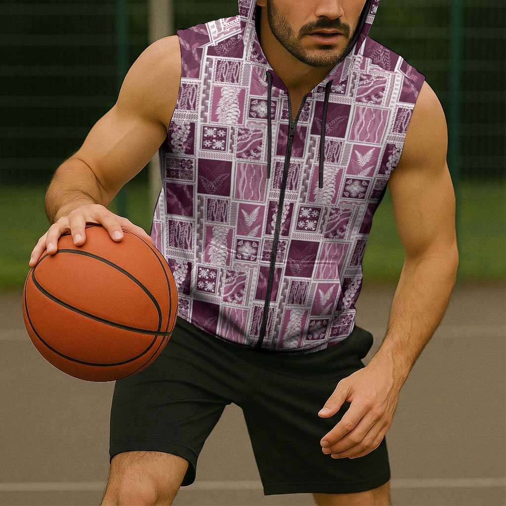 Vintage Aloha Block Quilt Sleeveless Zip Hoodie Pink Inspired Lei Motifs LT9 - Polynesian Pride