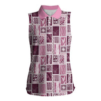 Vintage Aloha Block Quilt Women Sleeveless Polo Shirt Pink Inspired Lei Motifs LT9 Female Pink - Polynesian Pride