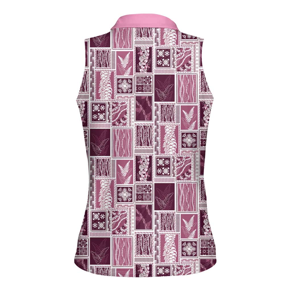 Vintage Aloha Block Quilt Women Sleeveless Polo Shirt Pink Inspired Lei Motifs LT9 - Polynesian Pride