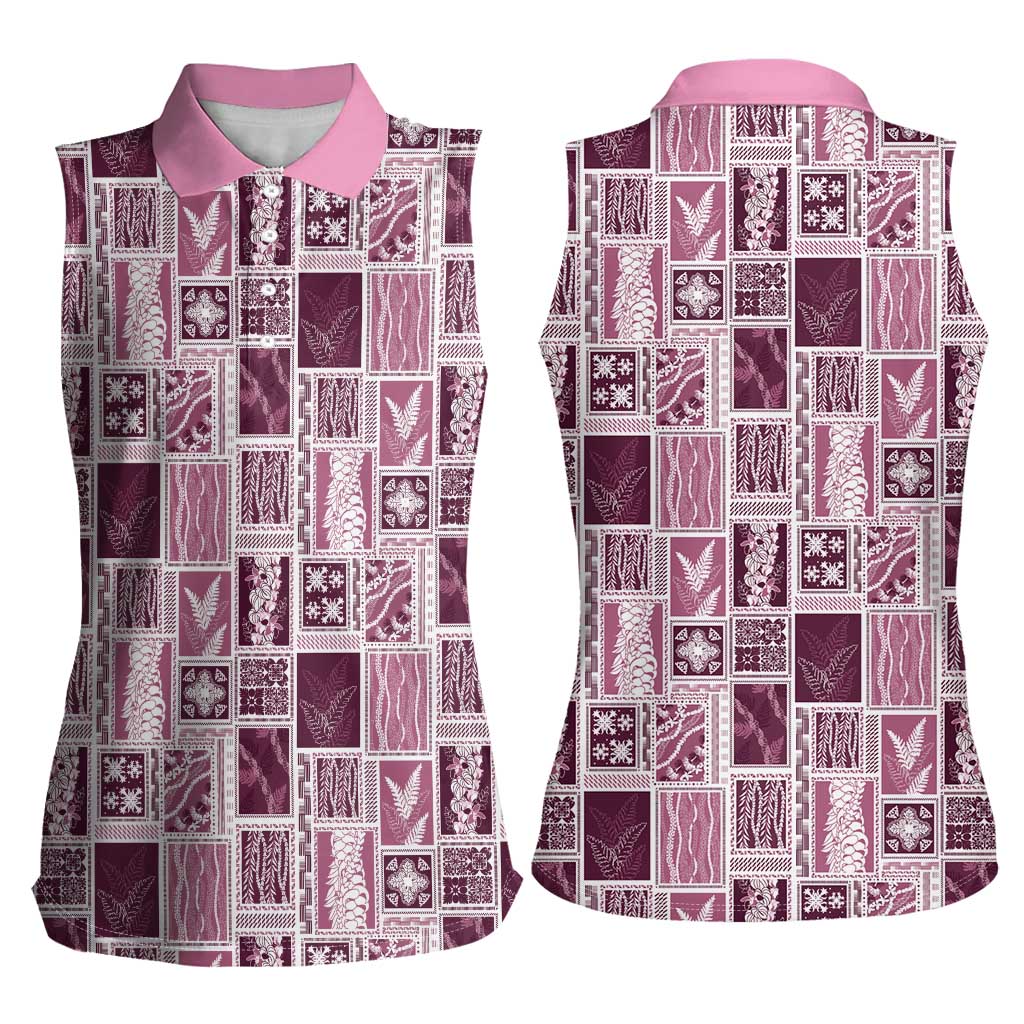 Vintage Aloha Block Quilt Women Sleeveless Polo Shirt Pink Inspired Lei Motifs LT9 - Polynesian Pride
