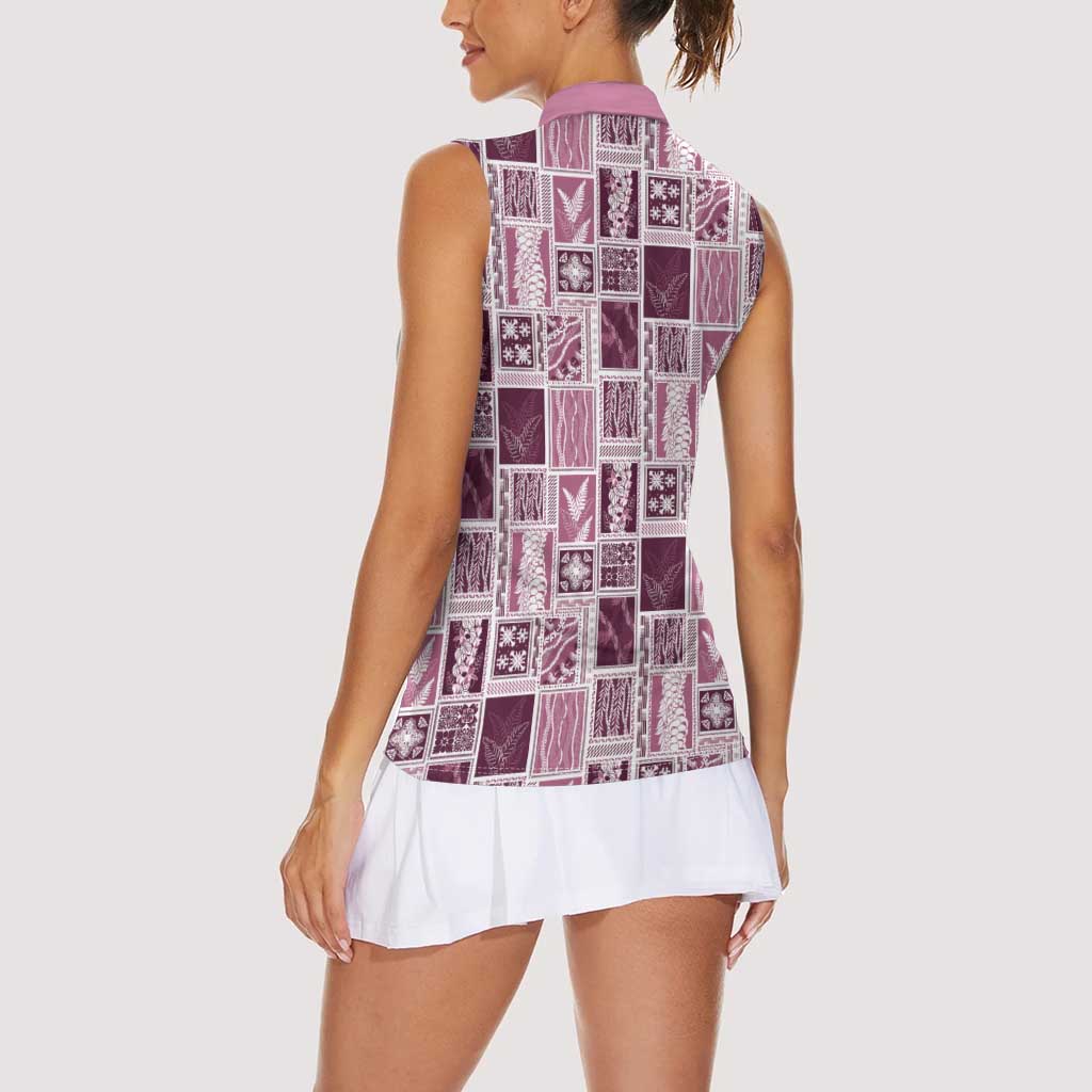 Vintage Aloha Block Quilt Women Sleeveless Polo Shirt Pink Inspired Lei Motifs LT9 - Polynesian Pride