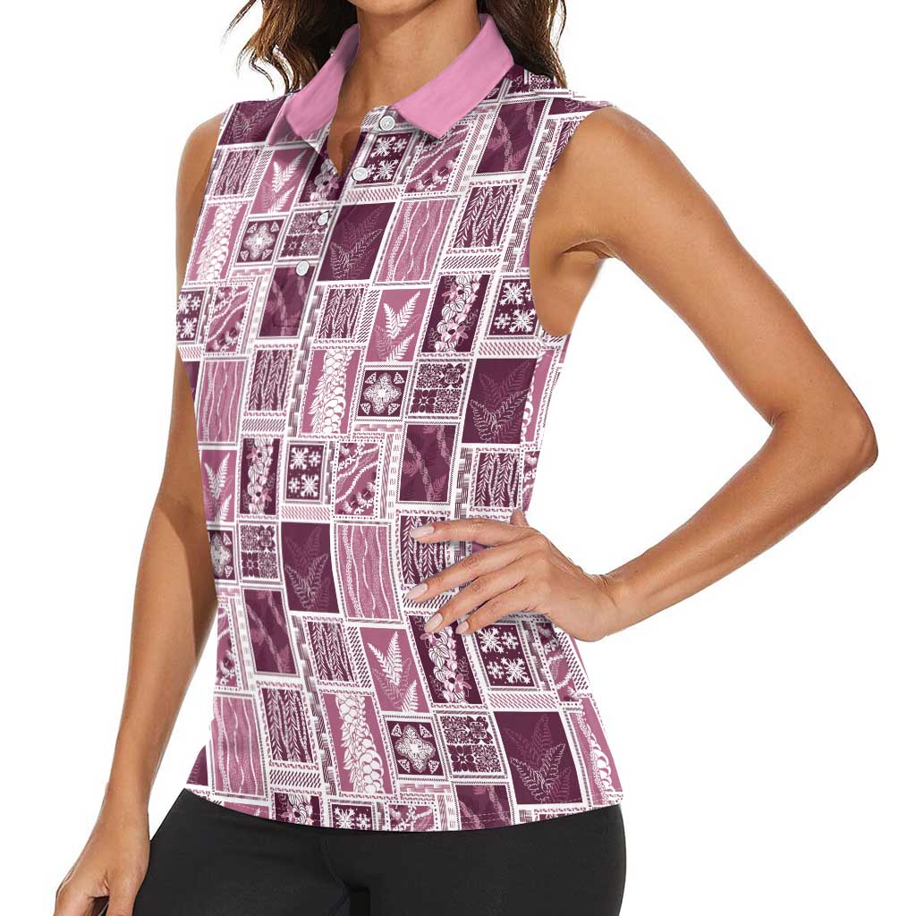 Vintage Aloha Block Quilt Women Sleeveless Polo Shirt Pink Inspired Lei Motifs LT9 - Polynesian Pride