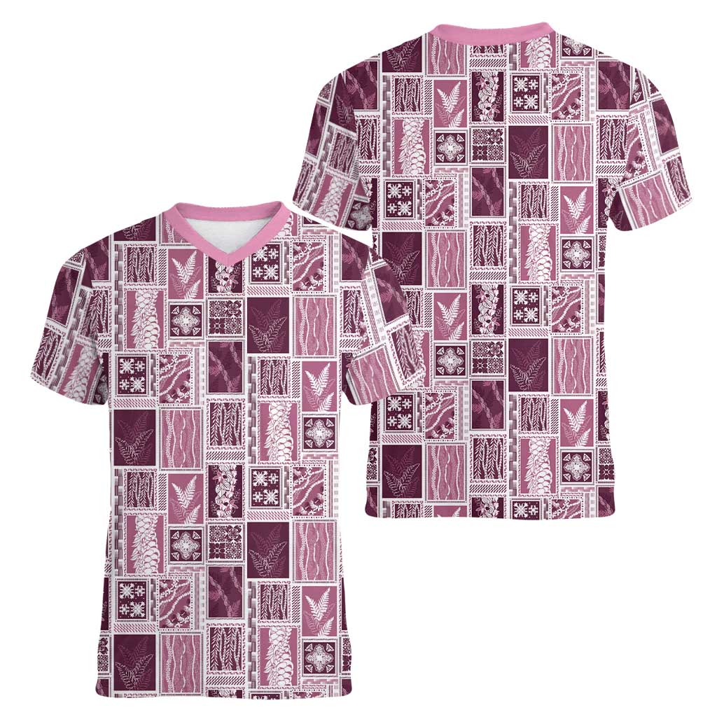 Vintage Aloha Block Quilt Women V-Neck T-Shirt Pink Inspired Lei Motifs LT9 - Polynesian Pride
