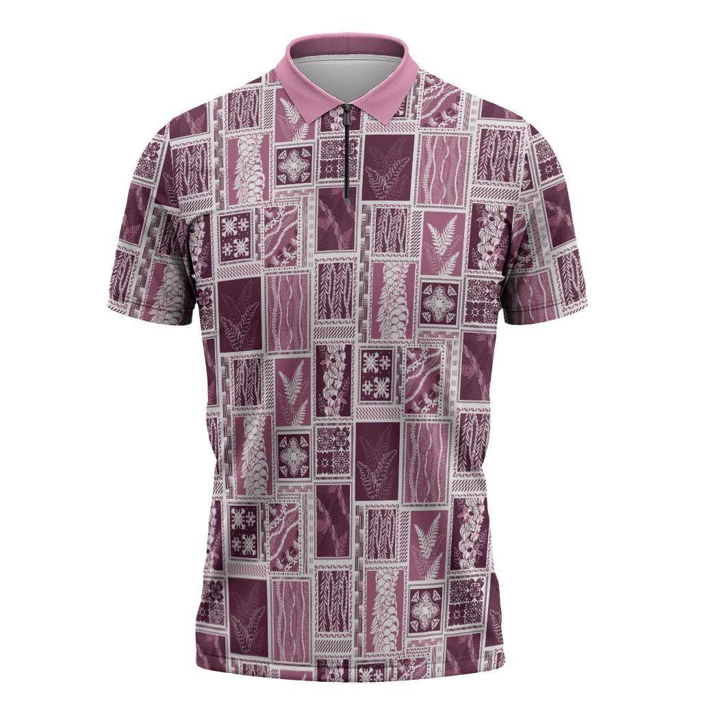 Vintage Aloha Block Quilt Zipper Polo Shirt Pink Inspired Lei Motifs - Polynesian Pride