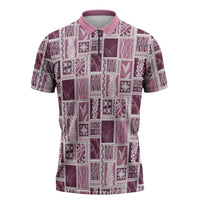 Vintage Aloha Block Quilt Zipper Polo Shirt Pink Inspired Lei Motifs LT9 Pink - Polynesian Pride
