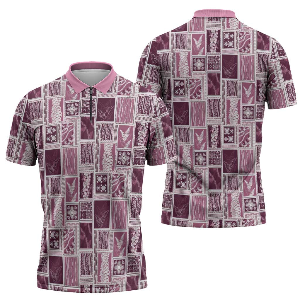 Vintage Aloha Block Quilt Zipper Polo Shirt Pink Inspired Lei Motifs LT9 - Polynesian Pride