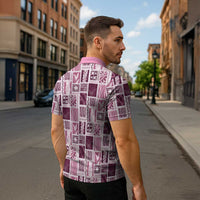 Vintage Aloha Block Quilt Zipper Polo Shirt Pink Inspired Lei Motifs LT9 - Polynesian Pride