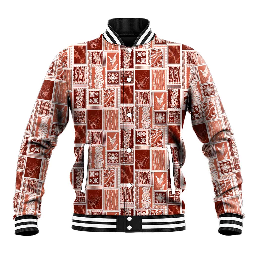 Vintage Aloha Block Quilt Baseball Jacket Red Inspired Lei Motifs - Polynesian Pride