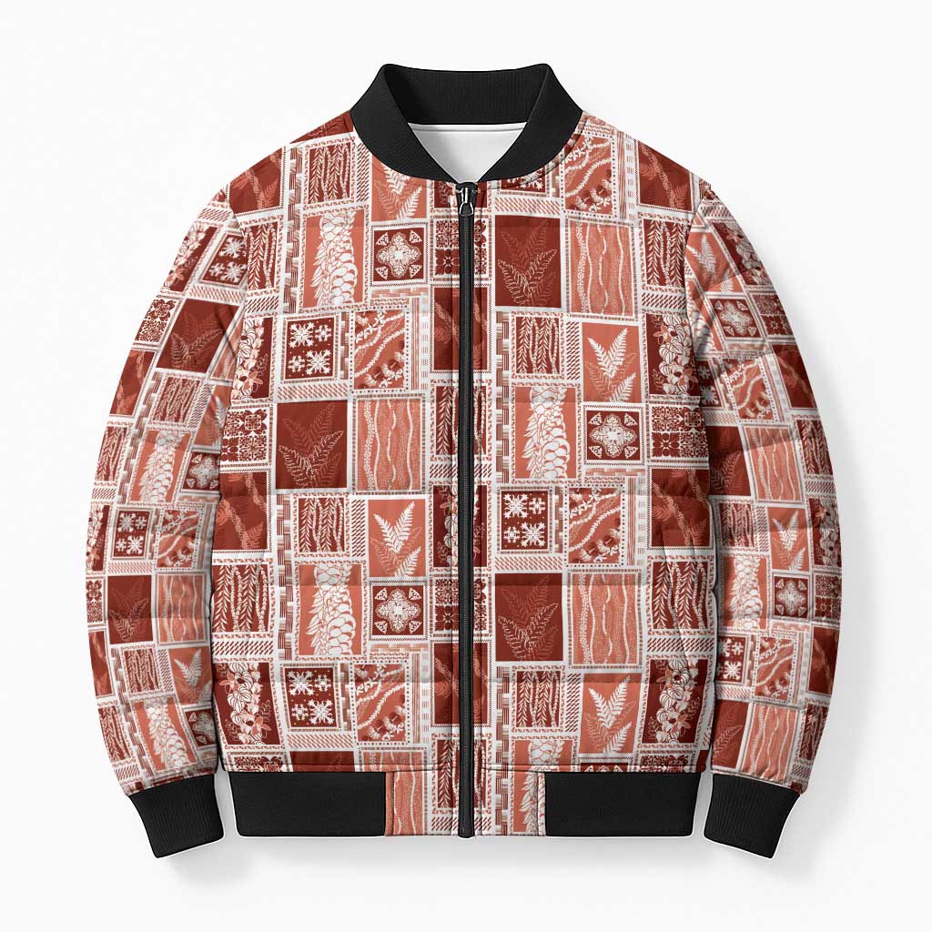 Vintage Aloha Block Quilt Bomber Puffer Jacket Red Inspired Lei Motifs LT9 Unisex Red - Polynesian Pride