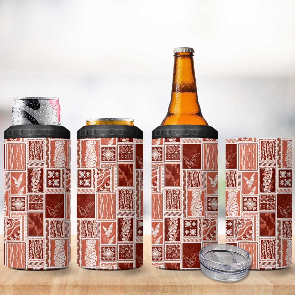 Vintage Aloha Block Quilt 4 in 1 Can Cooler Tumbler Red Inspired Lei Motifs LT9 - Polynesian Pride