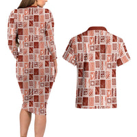 Vintage Aloha Block Quilt Couples Matching Long Sleeve Bodycon Dress and Hawaiian Shirt Red Inspired Lei Motifs LT9 - Polynesian Pride