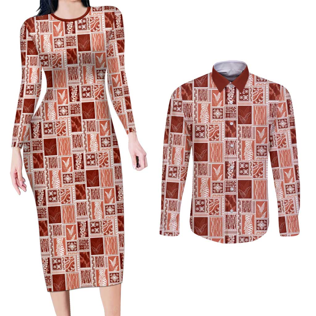 Vintage Aloha Block Quilt Couples Matching Long Sleeve Bodycon Dress and Long Sleeve Button Shirt Red Inspired Lei Motifs LT9 Red - Polynesian Pride