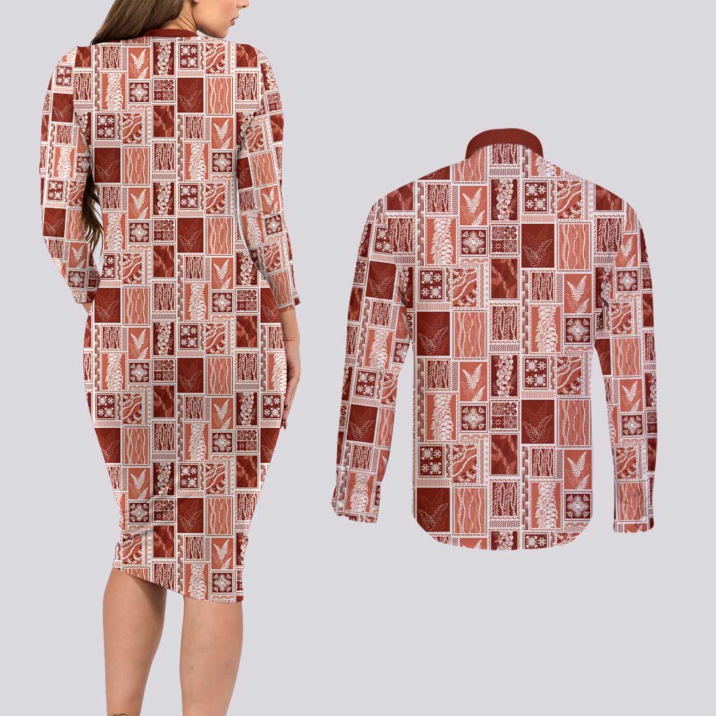 Vintage Aloha Block Quilt Couples Matching Long Sleeve Bodycon Dress and Long Sleeve Button Shirt Red Inspired Lei Motifs LT9 - Polynesian Pride