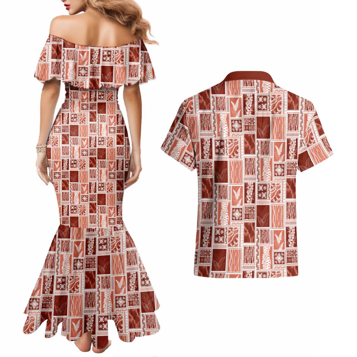Vintage Aloha Block Quilt Couples Matching Mermaid Dress and Hawaiian Shirt Red Inspired Lei Motifs LT9 - Polynesian Pride