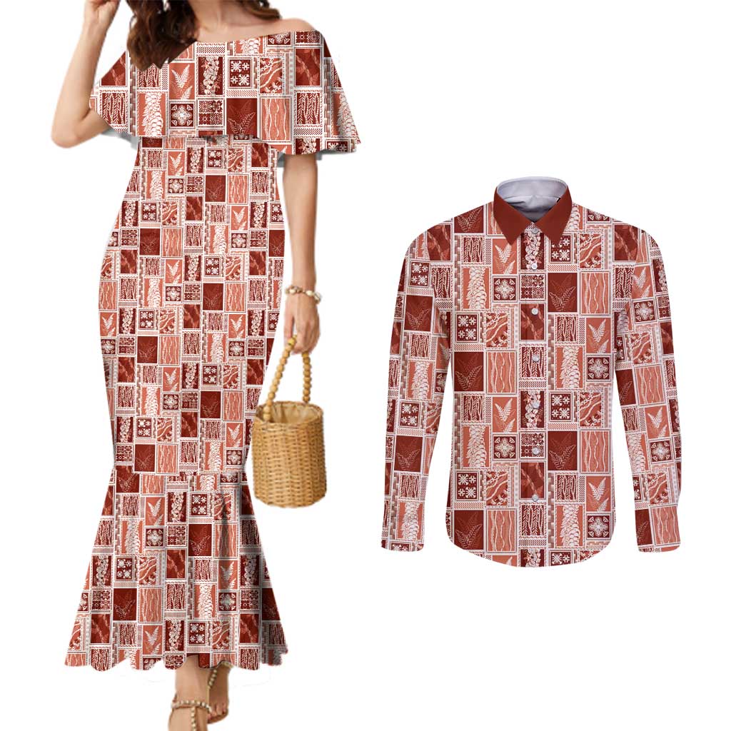 Vintage Aloha Block Quilt Couples Matching Mermaid Dress and Long Sleeve Button Shirt Red Inspired Lei Motifs LT9 Red - Polynesian Pride