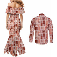 Vintage Aloha Block Quilt Couples Matching Mermaid Dress and Long Sleeve Button Shirt Red Inspired Lei Motifs LT9 - Polynesian Pride