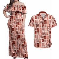 Vintage Aloha Block Quilt Couples Matching Off Shoulder Maxi Dress and Hawaiian Shirt Red Inspired Lei Motifs LT9 Red - Polynesian Pride