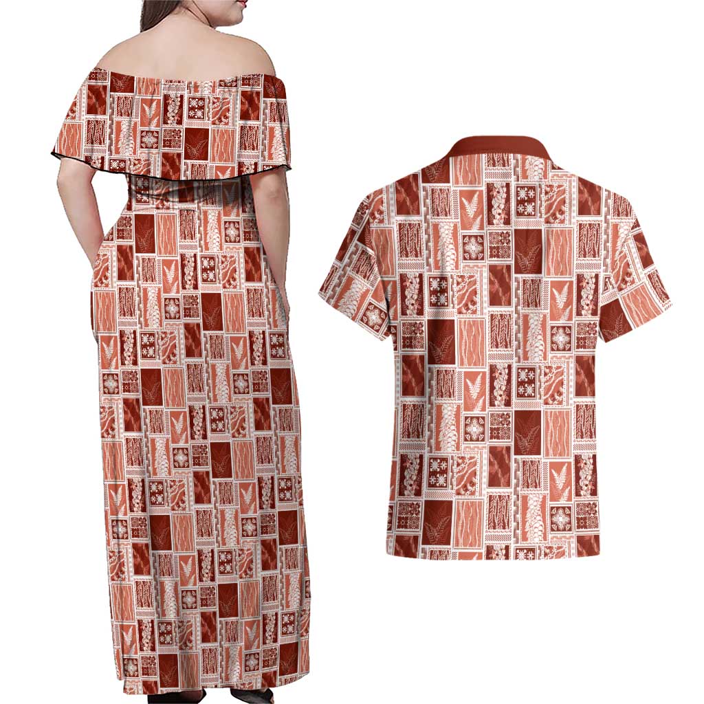 Vintage Aloha Block Quilt Couples Matching Off Shoulder Maxi Dress and Hawaiian Shirt Red Inspired Lei Motifs LT9 - Polynesian Pride